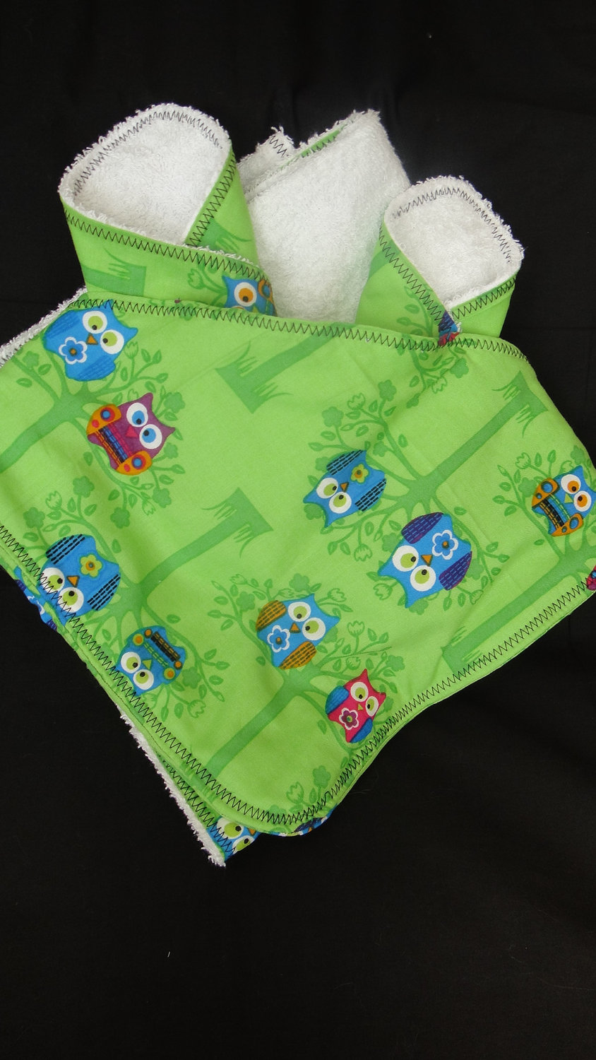 Hooded Towel Washcloth Set in Pink Green Owls